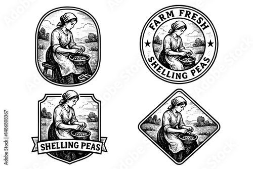Engraved vintage logo design featuring a woman shelling peas in a farm setting, capturing the charm of traditional agricultural life
