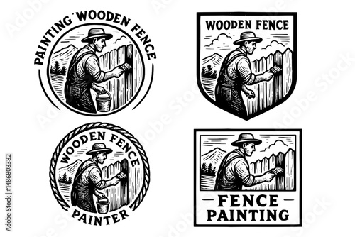 Vintage-inspired engravings of a man painting a wooden fence, showcasing craftsmanship and artistry in a classic style