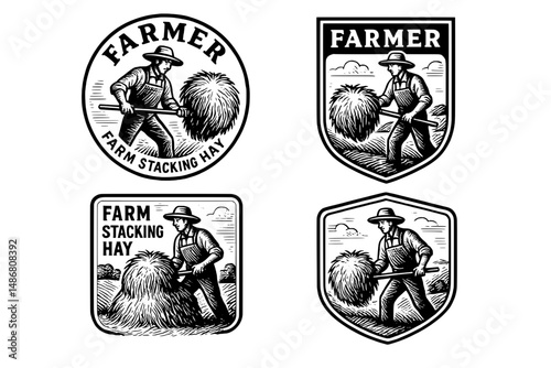 Vintage collection of engraved farm-themed emblems depicting a farmer stacking hay in various styles