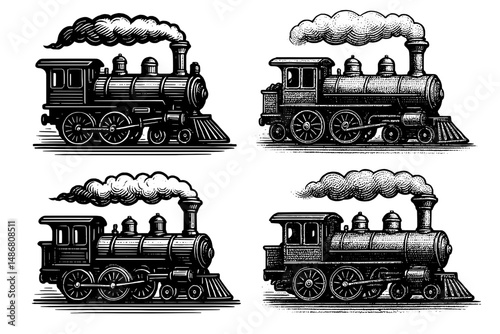 Vintage engraved illustrations of classic steam locomotives showcasing intricate design and timeless craftsmanship