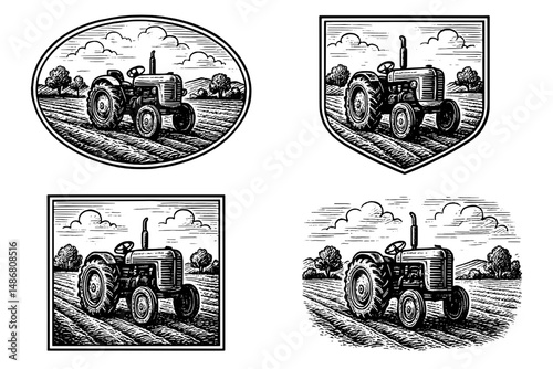 Vintage engraved logo designs featuring tractors in serene agricultural landscapes for exclusive collection