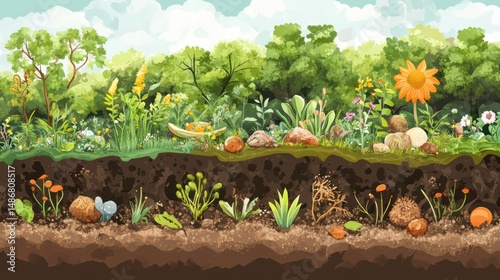 Vibrant Cross-Section of a Lush Forest Ecosystem Revealing the Beauty of Nature Above and Below Ground, Showcasing Diverse Flora and Fauna in a Detailed Illustration