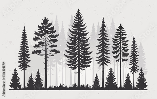 Silhouette of dense evergreen trees on a light background creating a tranquil forest scene.