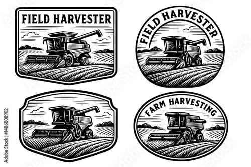 Vintage field harvester emblem designs showcasing engraved illustrations of agricultural machinery and vintage charm for classic logo enthusiasts
