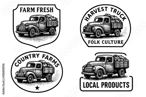 Vintage emblem collection featuring engraved illustrations of classic trucks delivering fresh produce