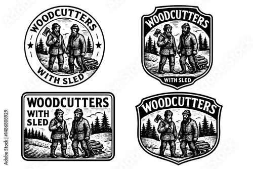 Vintage woodcutters logo collection featuring engraved illustrations of sled-carrying lumberjacks in a rustic forest setting