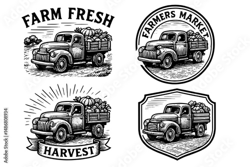 Vintage collection of engraved emblems featuring classic trucks transporting harvest goods in a rustic farmers market theme