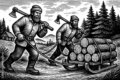 Engraved illustration of hardworking lumberjacks hauling logs through a vintage forest landscape in a rustic setting