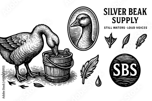 Vintage engraved logo featuring a duck interacting with a bucket, capturing timeless craftsmanship and artistic design elements