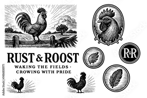 Vintage emblem showcasing rustic charm with detailed engravings of roosters and feathers celebrating farm life and heritage