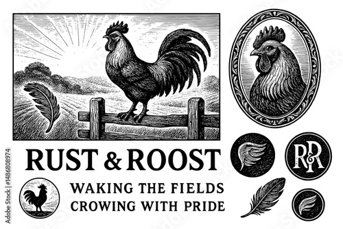 Rust and Roost emblem featuring a vintage rooster design, capturing the essence of rural life and tradition in a nostalgic style