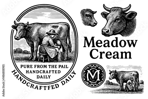 Vintage emblem design featuring a milkmaid and cows, perfect for branding artisanal dairy products or rustic collections
