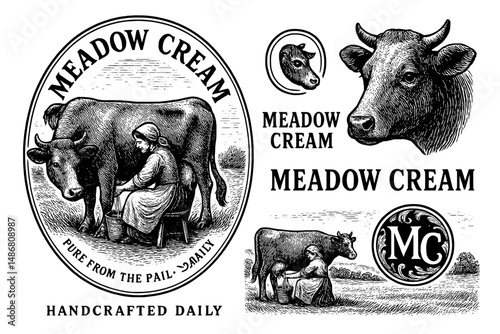 Vintage engraved emblem showcasing a rural dairy scene with a woman milking a cow, reflecting traditional craftsmanship and nostalgia
