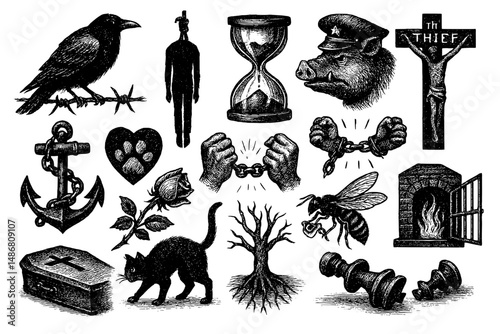 Vintage engraved illustration featuring a collection of symbolic elements and emblems from classic design