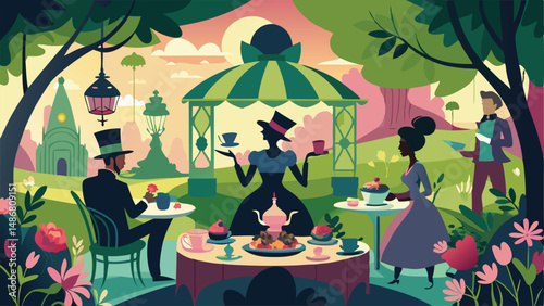 Victorian Tea Party Silhouetted in Black and White Elegance