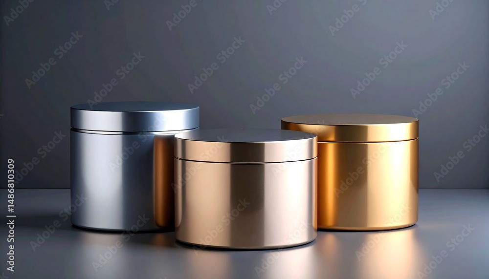 Elegant Metallic Containers: Silver, Gold, and Bronze Cylinders on Dark Background Elegant Metallic Containers: Silver, Gold, and Bronze Cylinders on Dark Background