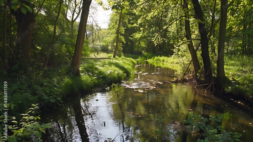 Stream Flowing Through Lush Green Forest Under Sunlight with Tree Reflections Stream Flowing Through Lush Green Forest Under Sunlight with Tree Reflections