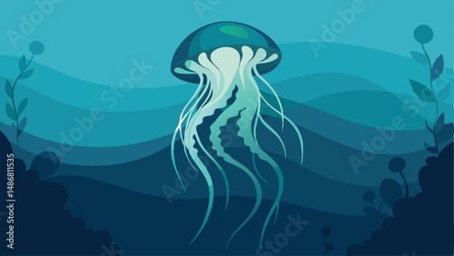 Ethereal Silhouette of a Jellyfish Gracefully Drifting in the Deep Ocean