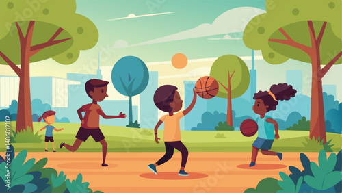 Silhouette of Kids Enjoying a Game of Basketball at Sunset