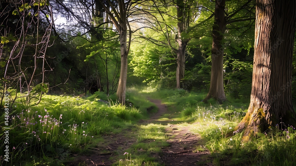 Naklejka premium Sunlit Forest Path Through Green Trees And Lush Vegetation During Daylight