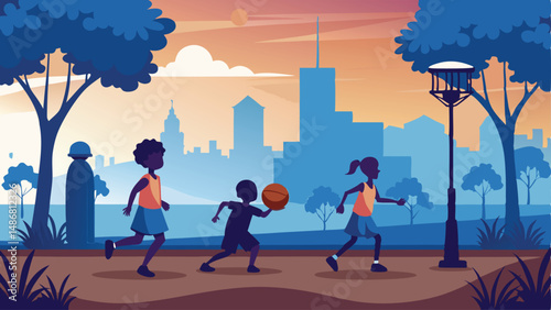 Kids Embracing the Joy of Basketball in a Silhouette