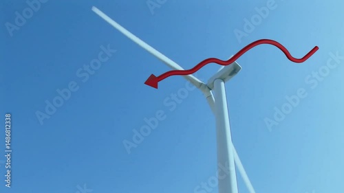 Wind turbine tower and rotor blades rising at low angle showing airflow with red wavy arrow