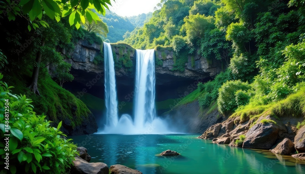 Naklejka premium Serene Hawaiian waterfall cascading down lush green cliffs into a tranquil pool , Oahu, exotic
