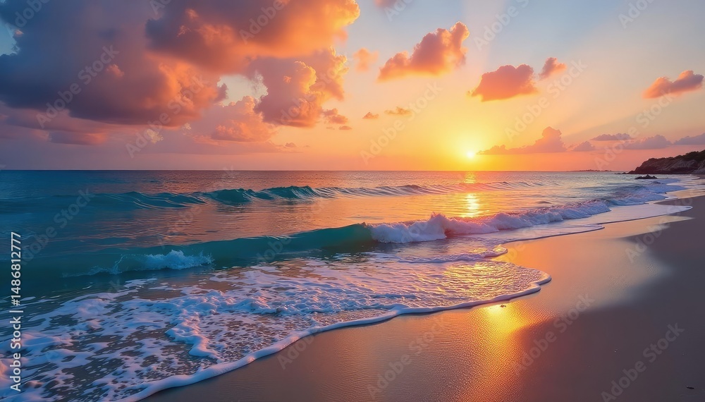 Fototapeta premium Serene beach scene at sunset, calm ocean waves gently lapping the shore , peace, bliss