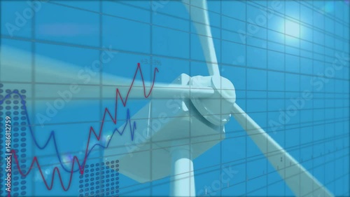 3D render turbine spinning under blue sky, overlaying grid with red and blue lines dotted bars