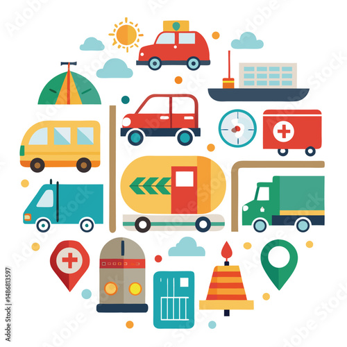 simple icon set representing various modes of road transportation with white background.