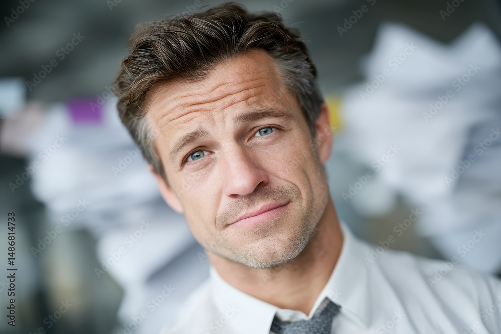 Obraz premium Stressed Businessman Portrait Office Chaos Worried Overworked Corporate Deadline Tir