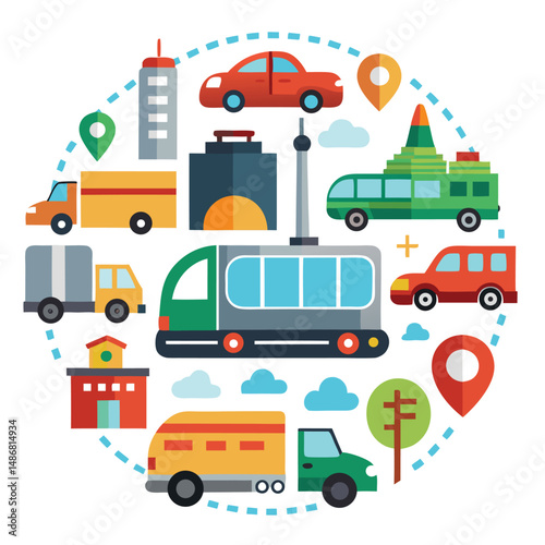 simple icon set representing various modes of road transportation with white background.