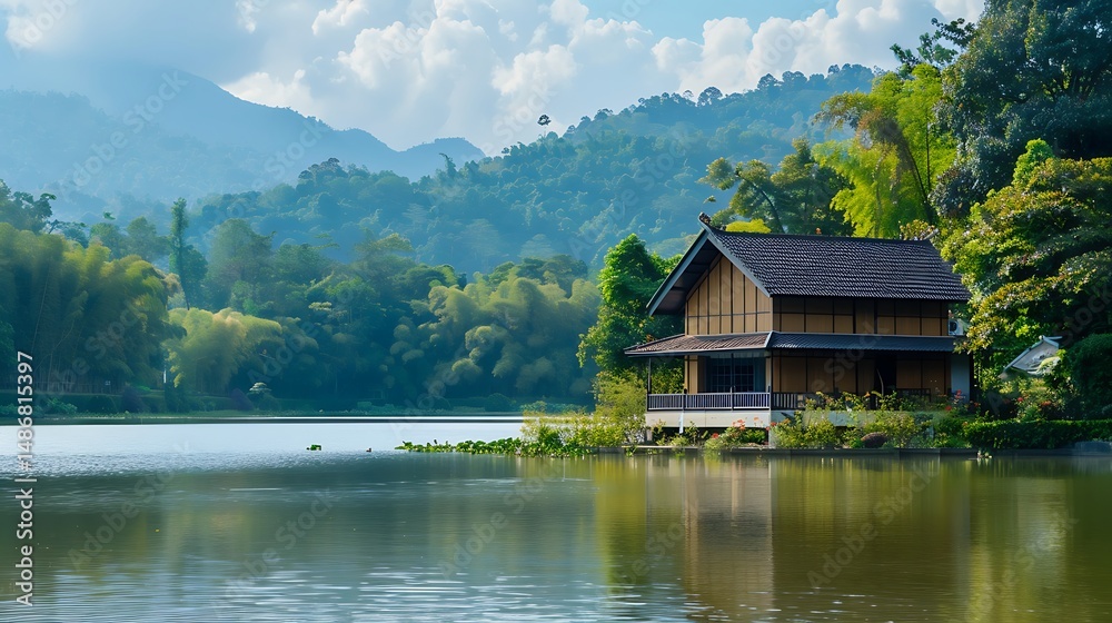 Naklejka premium Tranquil Lake House Surrounded By Lush Greenery And Mountainous Background