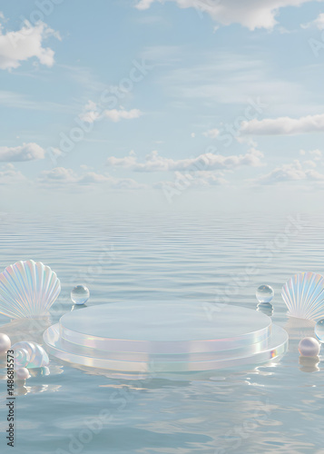 Seashells and Pearls bubbles product display podium, Cosmetic field scene