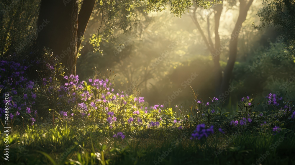 Obraz premium Purple Wildflowers in a Tranquil Forest Setting Dappled by Soft Sunlight and Green Foliage
