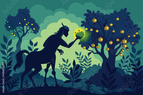 Centaur Silhouetted Amidst Golden Fields, Plucking Berries