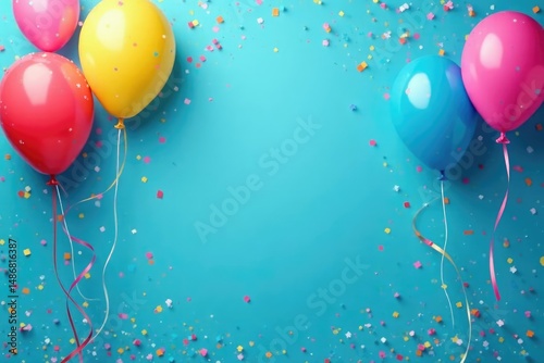 Happy birthday! Festive blue background with confetti and balloons , birthday background, event