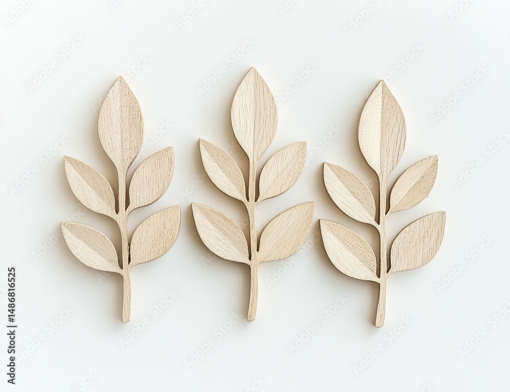 Three light beige wooden leaf sprigs arranged on a white background