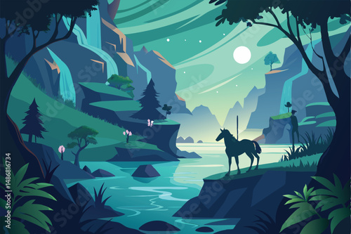 Silhouette of a Centaur Exploring an Enchanting River in a Distant Realm