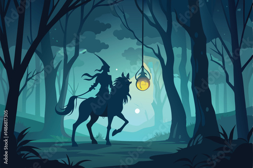 Silhouette of a Centaur Guiding the Way with a Glowing Lantern in the Darkness