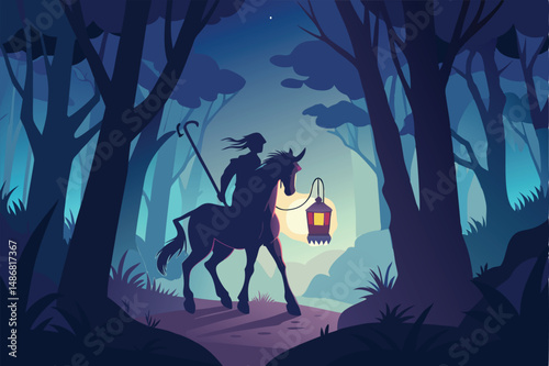 Mysterious Silhouette of a Centaur Guiding the Night with a Glowing Lantern