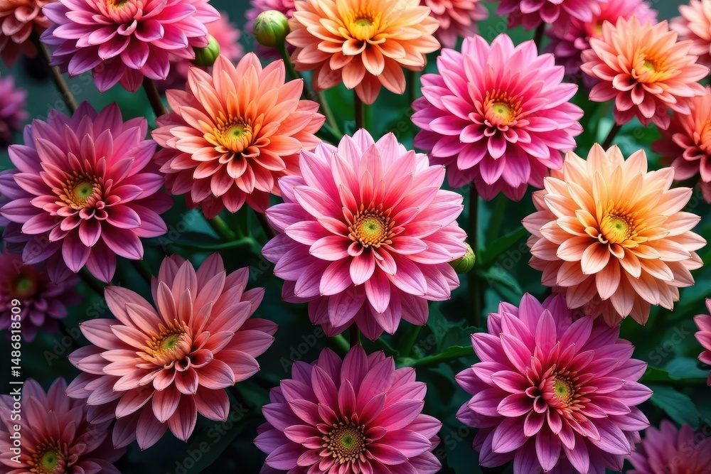 Obraz premium Intricate dahlia blooms, vibrant colors, repeating pattern, graphic, floral pattern, colorful pattern