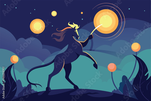 Ethereal Centaur's Silhouetted Dance with Shimmering Celestial Orbs