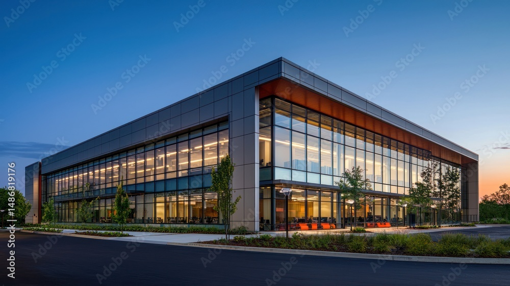 Obraz premium Modern contemporary architecture building with glass walls and blue evening sky
