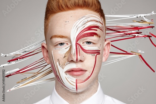 A young man with diagrammatic lines and planes overlaying his face, blending anatomy, technology, and travel themes in a surreal, artistic style.