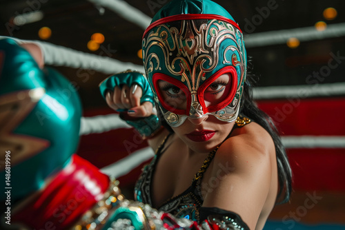 Mexican Wrestler Female in vibrant lucha libre mask shows confidence and strength inside the wrestling ring before combat