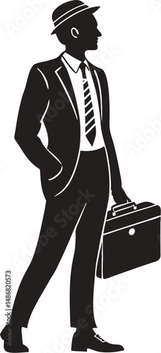 Stylish African American businessman in suit and hat, holding a briefcase.