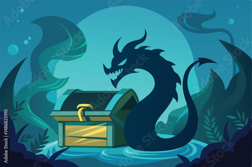 Majestic Dragon Silhouette Coiling Around a Treasure Chest
