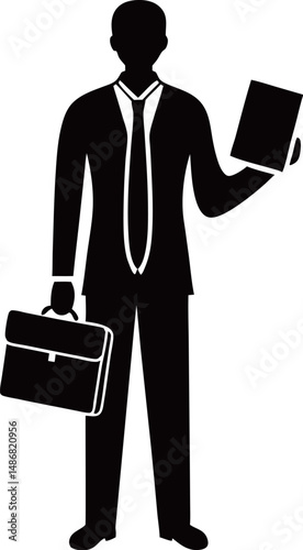 Silhouette of a businessman holding a briefcase and a document.