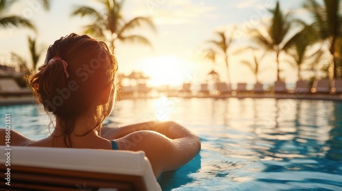 Woman relaxing in pool at sunset
